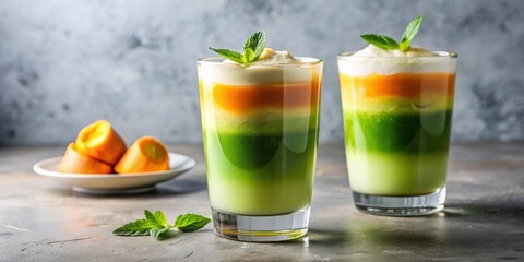 Fototapeta premium Two layered matcha with orange juice in a glass, matcha, green tea, Japanese, beverage, drink, refreshing, healthy, citrus
