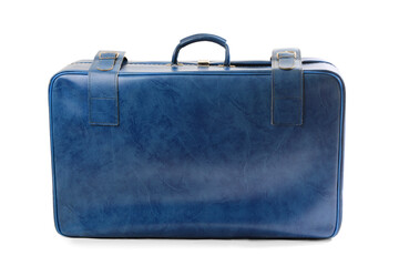 Blue retro leather suitcase on white background
