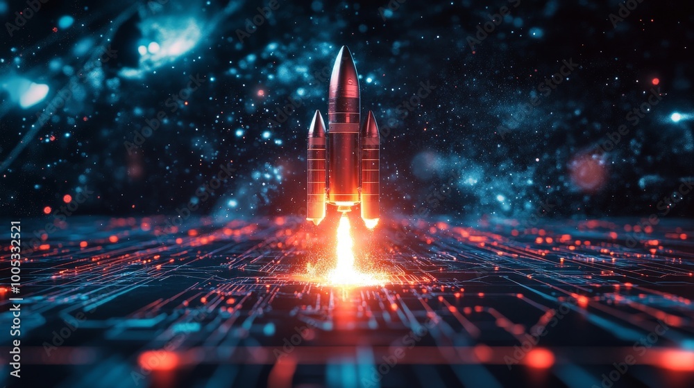 Poster 3d render showcasing the technology development process and space rocket launch, symbolizing the exc