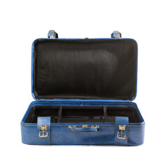 Open blue retro leather suitcase on white background