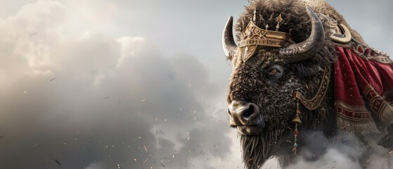 Fototapeta premium Majestic Bison in Royal Costume Surrounded by Clouds