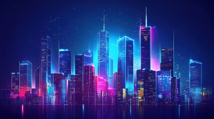 Obraz premium A vibrant, futuristic city skyline illuminated with neon lights against a dark background.