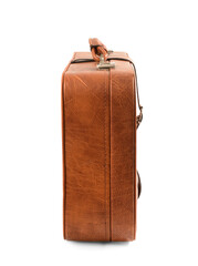 Brown retro leather suitcase on white background. Side view