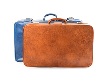 Brown retro leather suitcases on white background. Back view