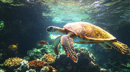 Fototapeta premium Sea turtle swims through coral reef with sun rays shining down.