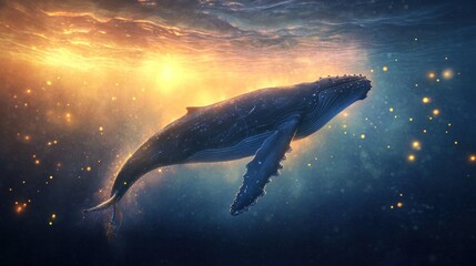 Fototapeta premium Majestic whale emerges from sea, surrounded by splashes and light