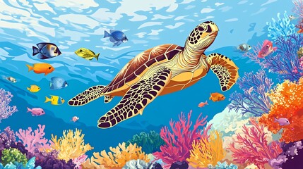 Fototapeta premium Sea turtle swimming in coral reef with colorful fish.