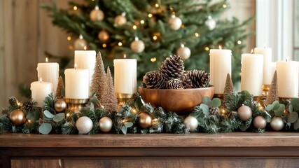 An elegant Christmas mantle decorated with glowing candles, frosted pinecones, and gold ornaments, creating a warm and inviting holiday display in a cozy living room. Video made using Generative AI. - Powered by Adobe