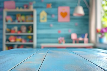Obraz premium Empty desk for product display on defocused children room background with generative ai