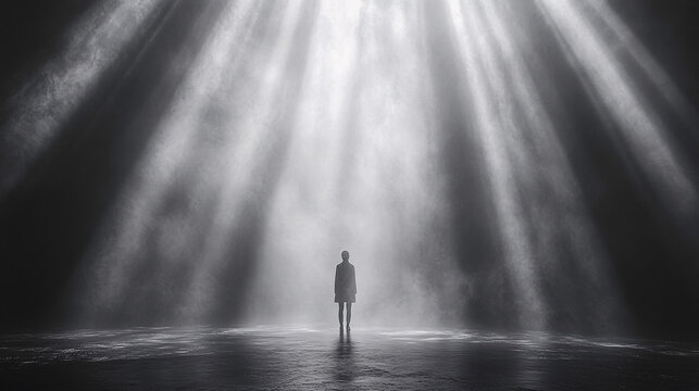 silhouette of woman in fog with light rays - dramatic black and white scene - Powered by Adobe