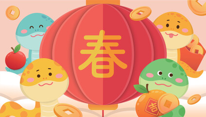 Obraz premium Big red lantern with gold coins, cute snake mascot celebrating Chinese New Year, translation: spring