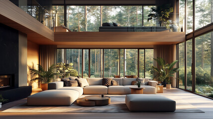 Obraz premium Modern luxury contemporary interior of a luxury unique home surrounded by beautiful landscape.