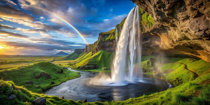 Seljalandsfoss, st&oacute;rkostlegur foss, r&iacute;sa yfir fallegri &iacute;slenskri n&aacute;tt&uacute;ru &iacute; sumar, &thorn;ar sem regnboginn speglast yfir