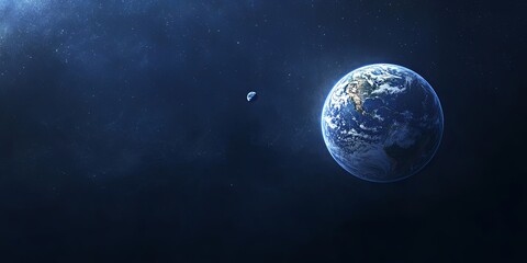 Fototapeta premium A breathtaking view of Earth from space, with a small moon in the distance, showcasing our planet's beauty and fragility.