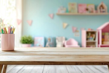 Empty desk for product display on defocused children room background with generative ai