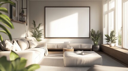 A beautifully rendered modern living room features a blank poster, providing endless possibilities for personalization.