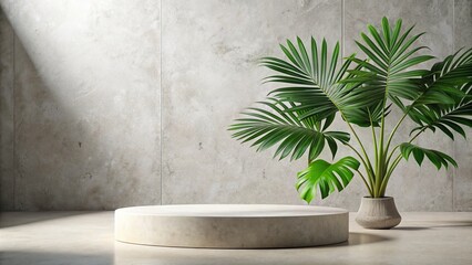 Set against a pristine white wall, a tropical leaf rests on a sandstone display platform, highlighting the natural