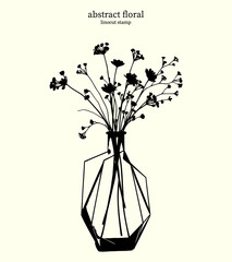 Black and White Abstract Floral 38. Vector linocut silhouettes of variety flowers and leaves in a geometric patterned vase. Bouquet of flowers clustered together at the top of a vase.