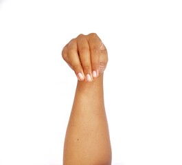 Deaf alphabet letter M by hand. Letter 'M' in sign language, isolated on a white background. Hand...