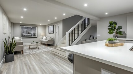 A beautifully renovated basement, complete with a sleek white countertop and a fashionable staircase, offers a warm and welcoming space for relaxation