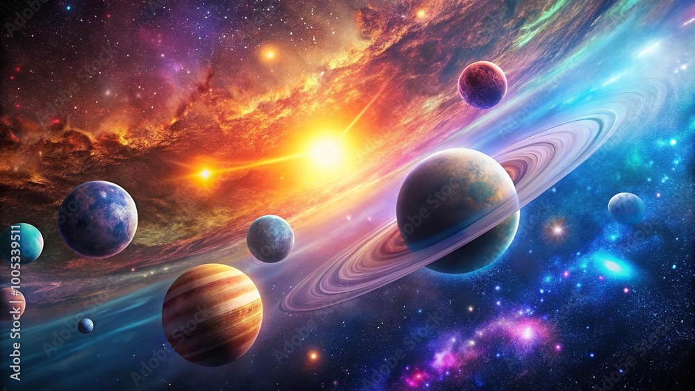Wall mural planets expanding in galaxy with colorful lights