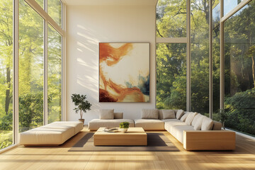 Modern luxury contemporary interior of a luxury unique home surrounded by beautiful landscape.