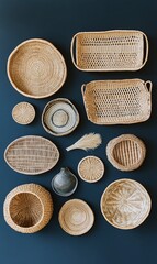A collection of various woven baskets arranged on a blue background, including round, oval, and rectangular shapes.