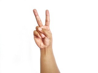 Deaf alphabet letter V by hand. Letter 'V' in sign language, isolated on a white background. Hand...