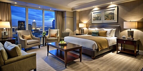 Sleek luxury furnishings define a modern Calgary hotel, epitomizing elegant design and upscale aesthetics, offering