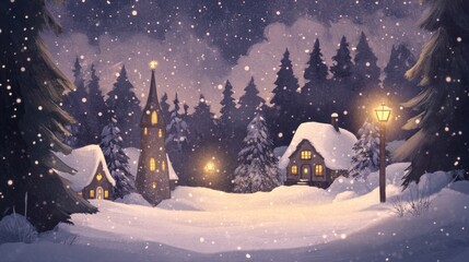 Enchanting winter scene of a snowy village, twinkling lights beneath a starry sky