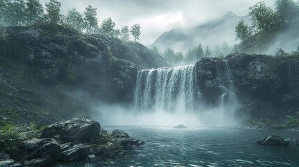 Fototapeta premium Find a waterfall partially obscured by fog and shoot from a low angle