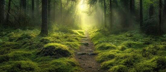 Fototapeta premium A misty forest path leads through lush green moss with sunlight streaming through the trees.