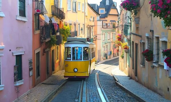 A classic yellow tram gliding down a narrow street lined with pastel-colored buildings in Lisbon