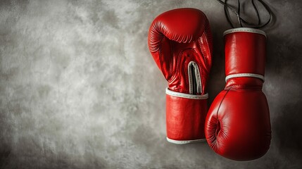 A pair of red boxing gloves lie on a gray concrete surface.