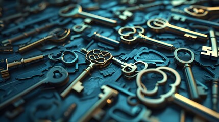 Scattered keys. Concept of privacy, problem solving, solutions and correct answer. 3d rendering. 