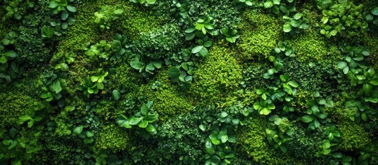 Obraz premium Lush green moss and foliage covering a wall, creating a natural and textured backdrop.