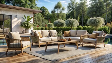 Fototapeta premium Sophisticated luxury exterior furniture collection, perfect for patios, elevates outdoor living spaces with its elegant