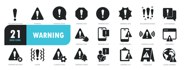 Set of glyph solid icons related to warning, alert, exclamation mark, warning sign. Glyph solid icons collection. Vector illustration.