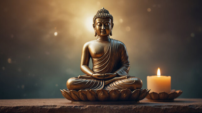 Tranquil scene of a bronze Buddha statue in lotus position alongside a lit candle. for meditation guides, spa promotions, or spiritual wellness content.