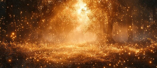 Magical forest path with golden light and fireflies.