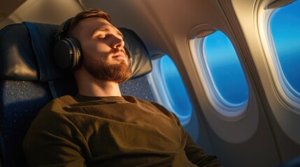 Traveler wearing headphones relaxing in airplane seat, enjoying leisure