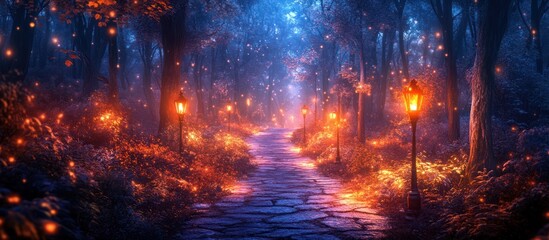 Naklejka premium A magical path through a glowing forest lit by lanterns with a mystical blue haze in the air and fireflies.