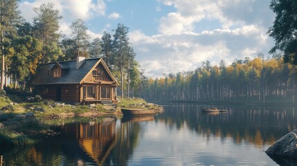 A charming wooden house by a tranquil lake, with a reflection on the water and a small boat docked nearby, capturing a serene getaway scene.