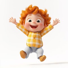 Cute cartoon boy with bright orange hair, joyful expression, and colorful checkered shirt, perfect for children's media and design.