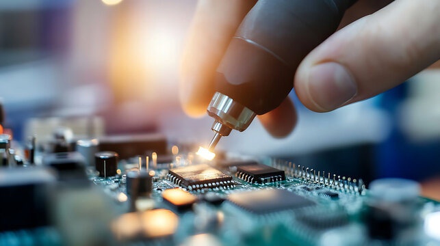 Soldering or welding parts at a factory for printed circuit board (PCB) assembly.