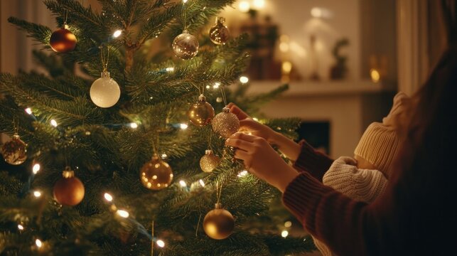 Family decorating Christmas tree, hands placing ornaments, dim room with string lights, real holiday preparation