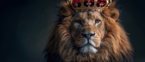 Fototapeta premium Regal Lion Portrait with Crown and Proud Expression