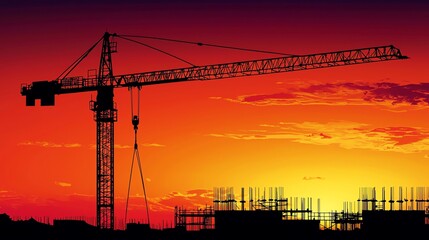 Construction crane at sunset silhouette