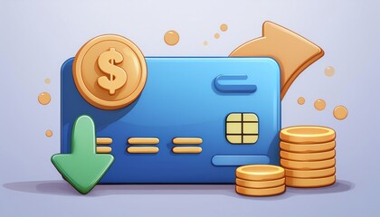 A colorful illustration of a credit card, coins, and arrows, symbolizing finance, transactions, and monetary flow.