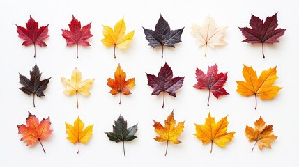 A collection of maple leaves in various fall colors, elegantly displayed against a white background for a simple yet striking design